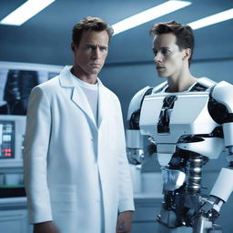 A young adult wearing a lab coat standing next to a terminator robot