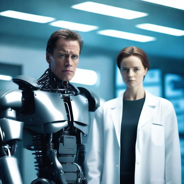 A young adult wearing a lab coat standing next to a terminator robot