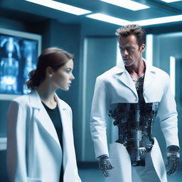 A young adult wearing a lab coat standing next to a terminator robot