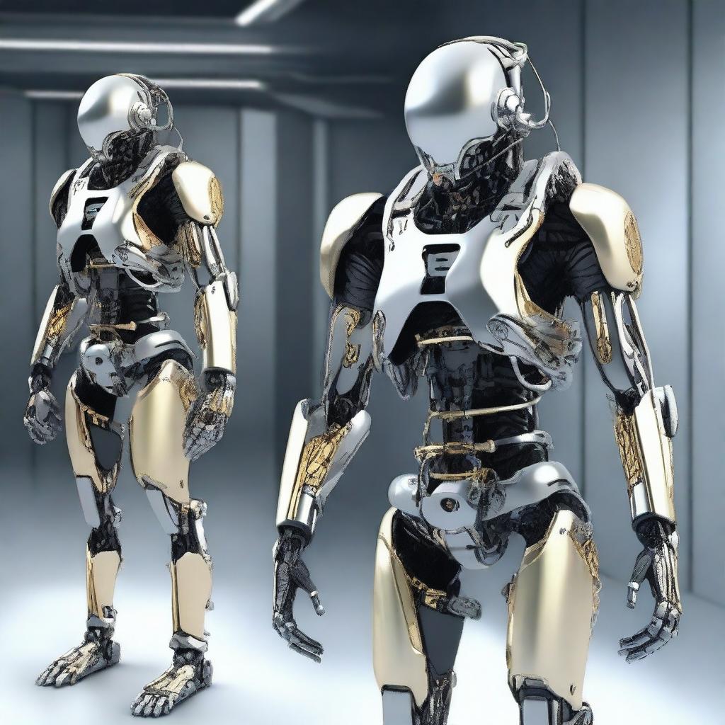 A detailed and futuristic exoskeleton suit designed for enhanced human capabilities