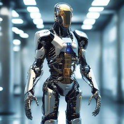 A detailed and futuristic exoskeleton suit designed for enhanced human capabilities