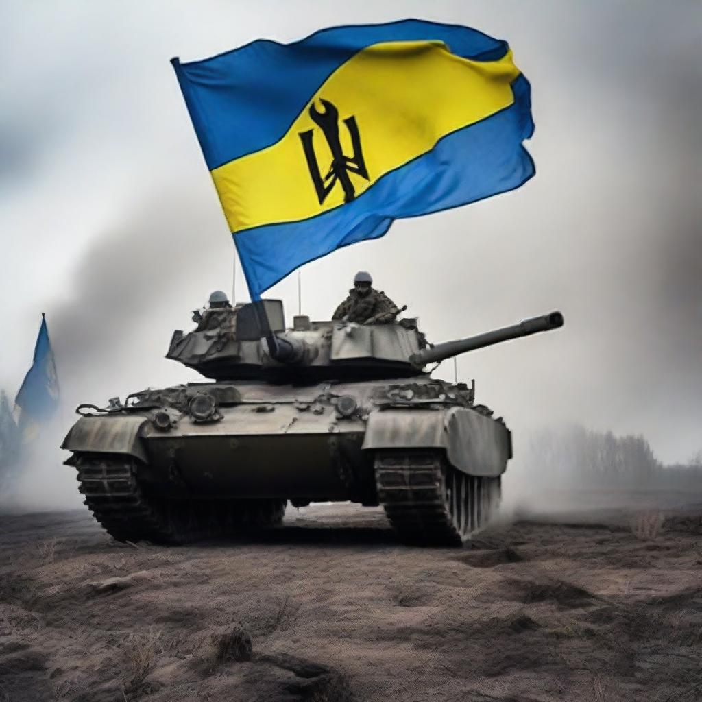 A powerful and emotional depiction of the battles for Ukraine, featuring soldiers, tanks, and the Ukrainian flag