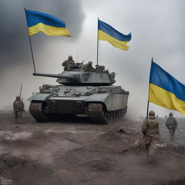 A powerful and emotional depiction of the battles for Ukraine, featuring soldiers, tanks, and the Ukrainian flag