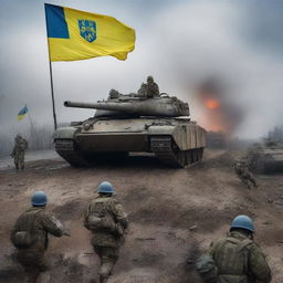 A powerful and emotional depiction of the battles for Ukraine, featuring soldiers, tanks, and the Ukrainian flag