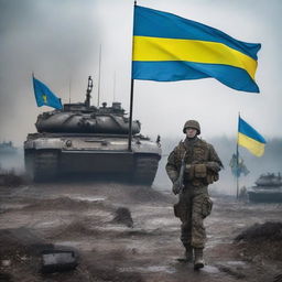 A powerful and emotional depiction of the battles for Ukraine, featuring soldiers, tanks, and the Ukrainian flag