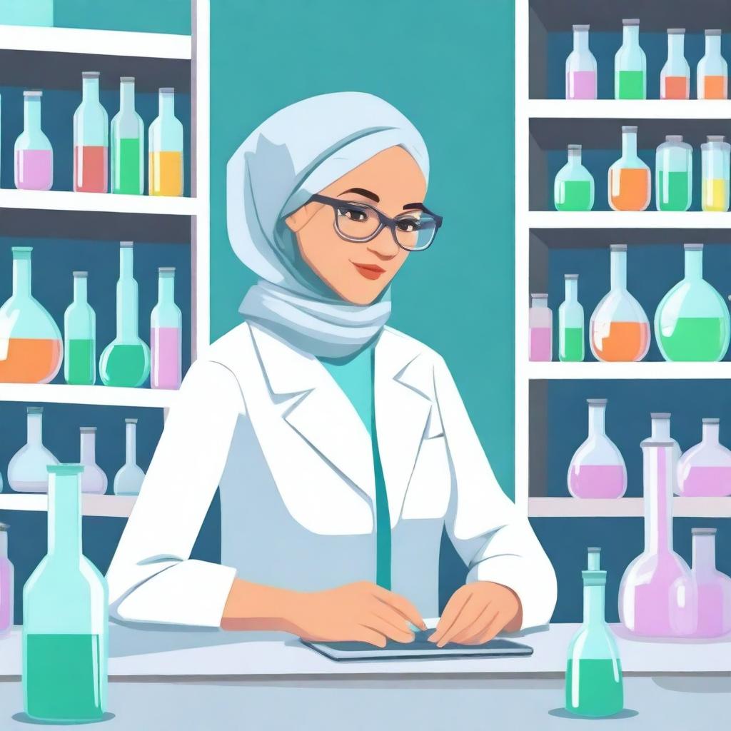 A detailed illustration of a hijabi scientist in a modern laboratory setting