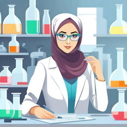 A detailed illustration of a hijabi scientist in a modern laboratory setting