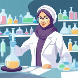 A detailed illustration of a hijabi scientist in a modern laboratory setting