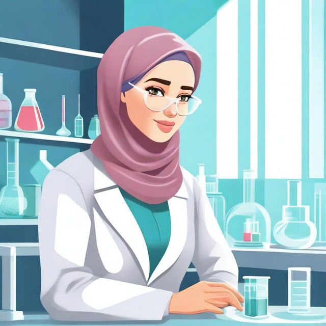 A detailed illustration of a hijabi scientist in a modern laboratory setting