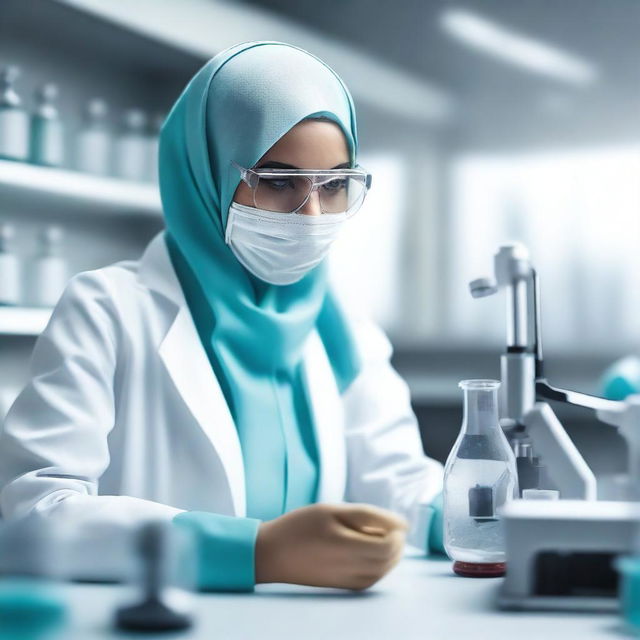 A realistic image of a female scientist wearing a hijab