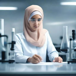 A realistic image of a female scientist wearing a hijab