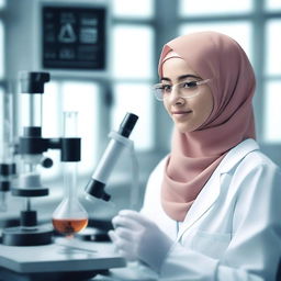 A realistic image of a female scientist wearing a hijab