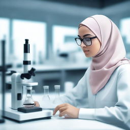 A realistic image of a female scientist wearing a hijab