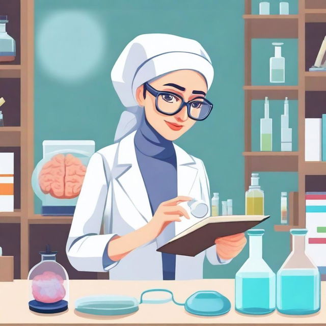 A realistic depiction of a hijabi scientist in a laboratory setting, examining a brain in a jar