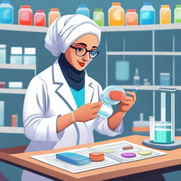 A realistic depiction of a hijabi scientist in a laboratory setting, examining a brain in a jar