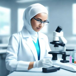 A realistic depiction of a hijabi scientist working in a modern laboratory