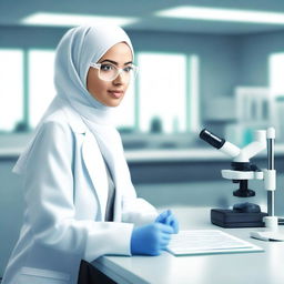 A realistic depiction of a hijabi scientist working in a modern laboratory