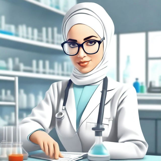 A realistic depiction of a hijabi scientist working in a modern laboratory