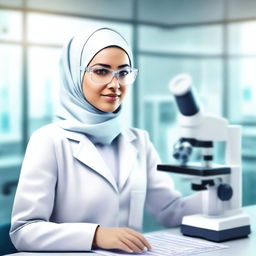 A realistic depiction of a hijabi scientist working in a modern laboratory