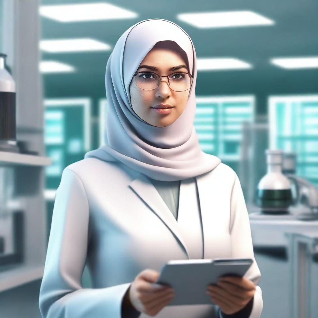 A realistic depiction of a stern-looking female scientist wearing a hijab, standing in a high-tech laboratory