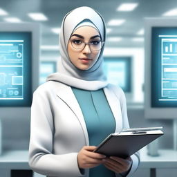 A realistic depiction of a stern-looking female scientist wearing a hijab, standing in a high-tech laboratory