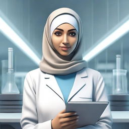 A realistic depiction of a stern-looking female scientist wearing a hijab, standing in a high-tech laboratory