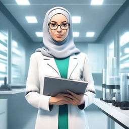 A realistic depiction of a stern-looking female scientist wearing a hijab, standing in a high-tech laboratory