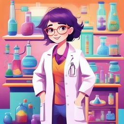 A whimsical manic pixie dream girl character wearing a lab coat