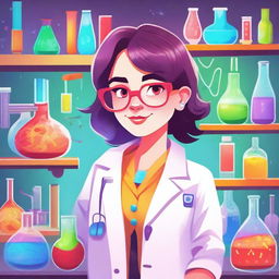 A whimsical manic pixie dream girl character wearing a lab coat