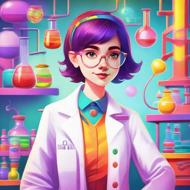 A whimsical manic pixie dream girl character wearing a lab coat