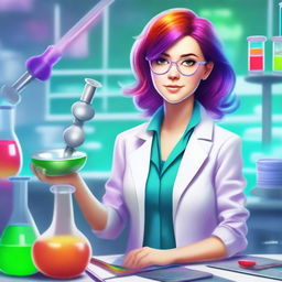 A manic pixie dream girl wearing a lab coat, depicted in a realistic style