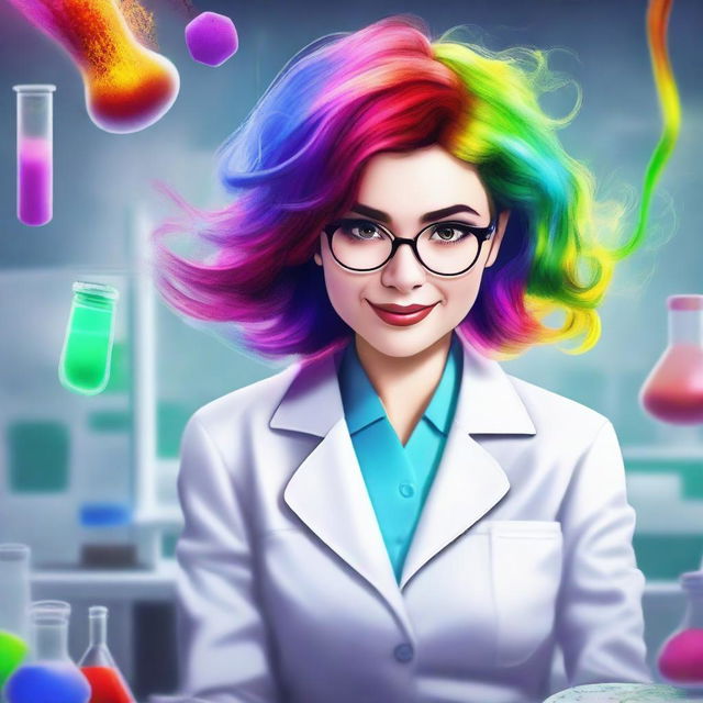 A manic pixie dream girl wearing a lab coat, depicted in a realistic style