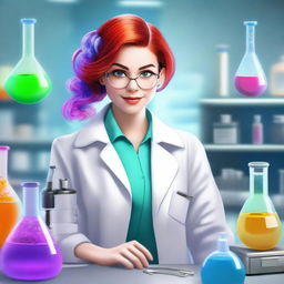 A manic pixie dream girl wearing a lab coat, depicted in a realistic style