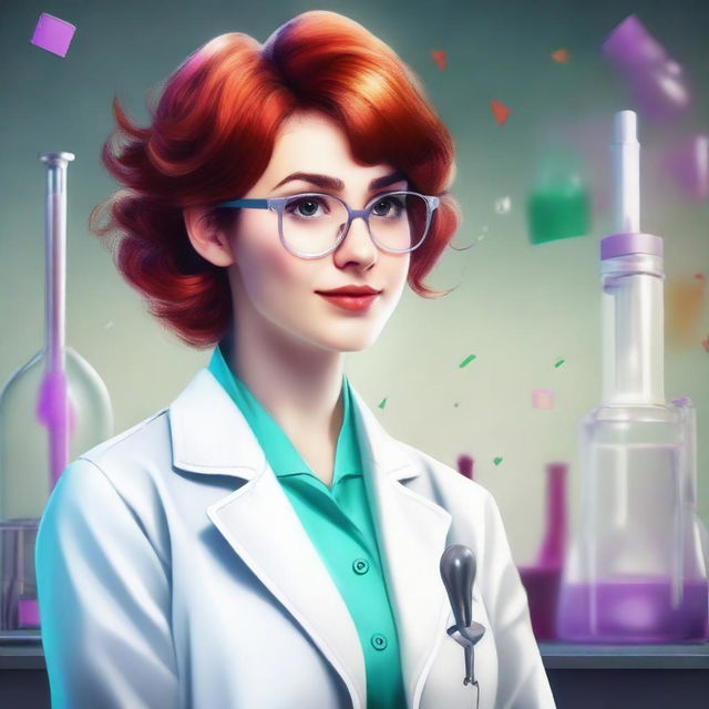 Create a realistic image of a manic pixie dream girl wearing a lab coat