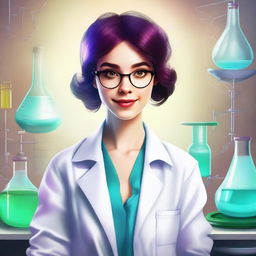 Create a realistic image of a manic pixie dream girl wearing a lab coat