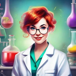 Create a realistic image of a manic pixie dream girl wearing a lab coat