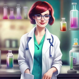 Create a realistic image of a manic pixie dream girl wearing a lab coat