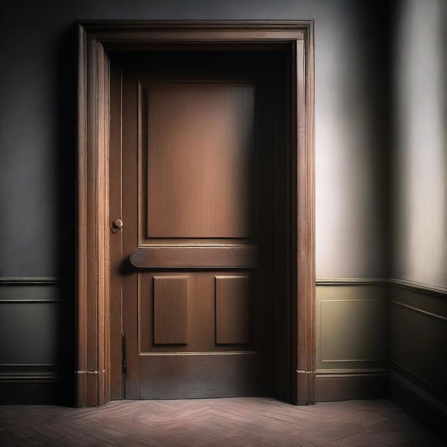 A mysterious scene depicting a closed door with subtle light seeping through the edges