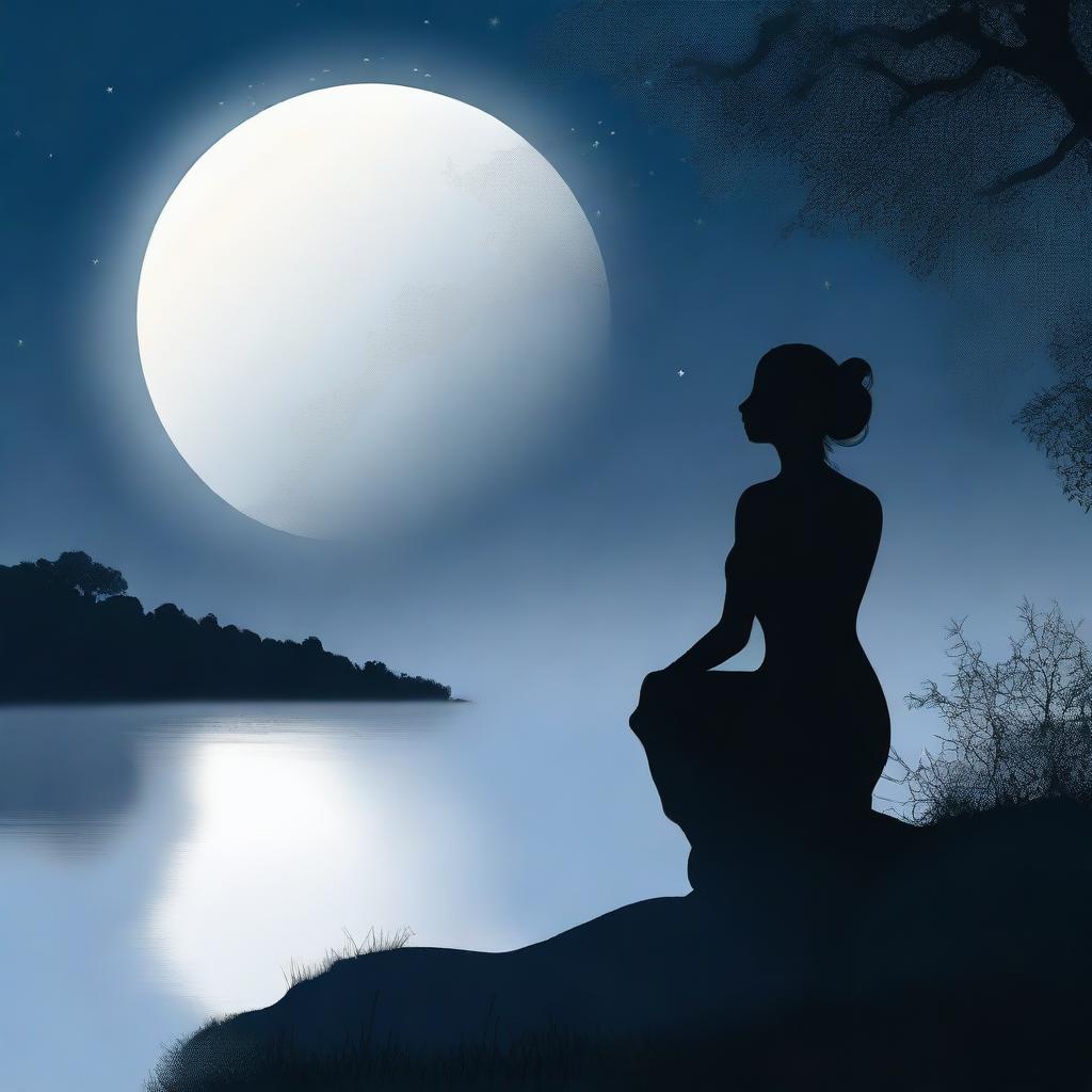 A silhouette of a woman under the moonlight, longing and full of yearning