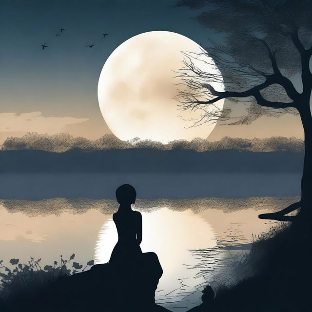 A silhouette of a woman under the moonlight, longing and full of yearning