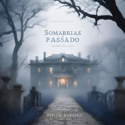 A book cover for 'Sombras do Passado' featuring an old mansion shrouded in a soft mist, creating an atmosphere of mystery and intrigue