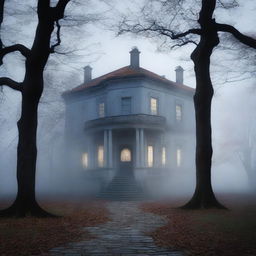 A book cover for 'Sombras do Passado' featuring an old mansion enveloped in an ethereal mist, evoking mystery and romance