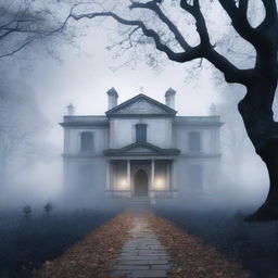 A book cover for 'Sombras do Passado' featuring an old mansion enveloped in an ethereal mist, evoking mystery and romance