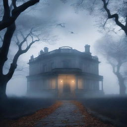 A book cover for 'Sombras do Passado' featuring an old mansion enveloped in an ethereal mist, evoking mystery and romance