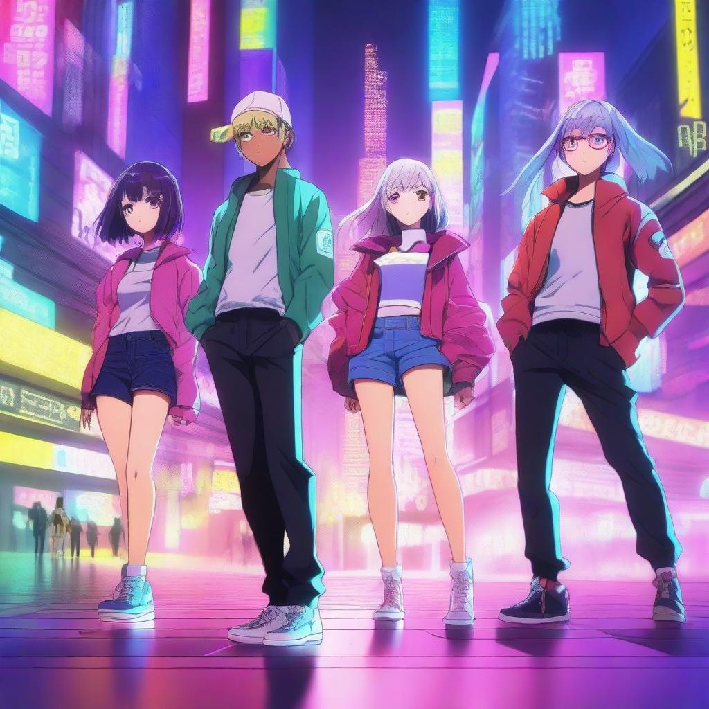 A vibrant and dynamic scene featuring characters from a new anime set in the year 2024