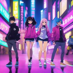 A vibrant and dynamic scene featuring characters from a new anime set in the year 2024