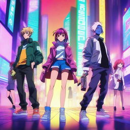 A vibrant and dynamic scene featuring characters from a new anime set in the year 2024