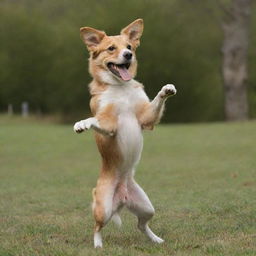 A lively, playful dog joyfully dancing on its hind legs.