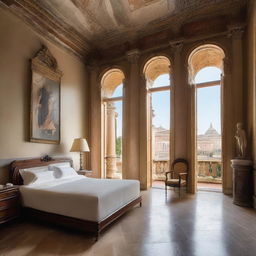 A beautifully decorated room in Rome, featuring classic Roman architecture with ornate columns, intricate frescoes on the walls, and luxurious furniture