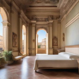 A beautifully decorated room in Rome, featuring classic Roman architecture with ornate columns, intricate frescoes on the walls, and luxurious furniture